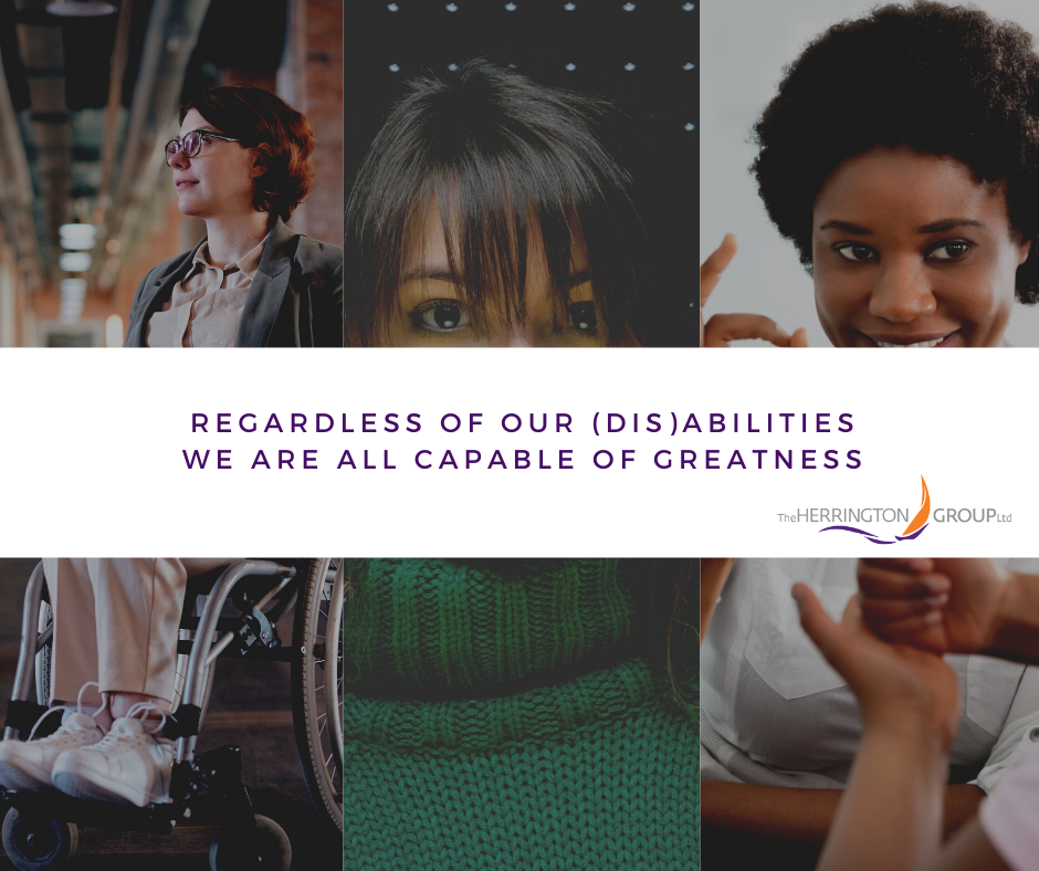 Regardless of our disabilities we are all capable of greatness quote with image of three people